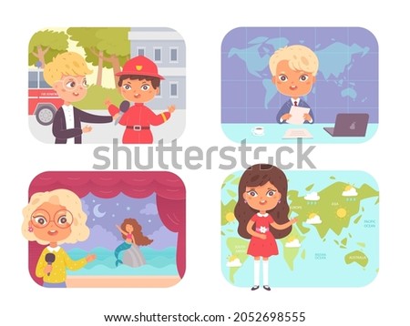 Kid journalist at work, journalistic profession set vector illustration. Cartoon child professional news reporter character holding microphone on interview with firefighter or artist, weather forecast