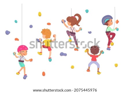 Children climbing rock wall vector illustration. Cartoon active boy girl climber characters bouldering, active child training with woman trainer indoor in gym, extreme sport activity isolated on white