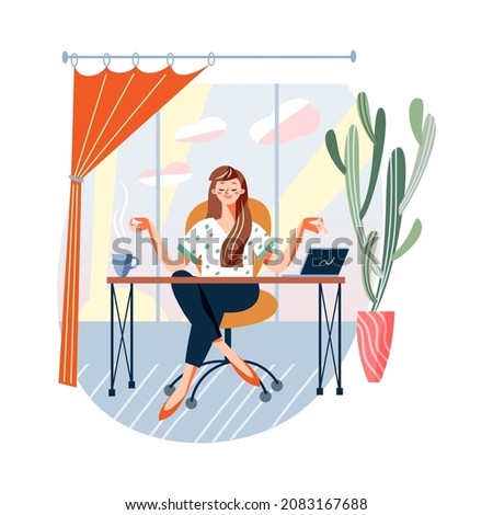 Calm yoga meditation of woman in office vector illustration. Cartoon girl sitting at desk workplace with laptop and meditating, taking coffee break. Zen pose, relaxation after hard work concept