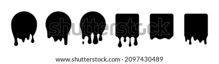Paint drip icons set vector illustration. Splash of black ink circle and square drop, liquid blobs melt and flow with splatters, simple stickers of shapes with fluid droplets on wall isolated on white