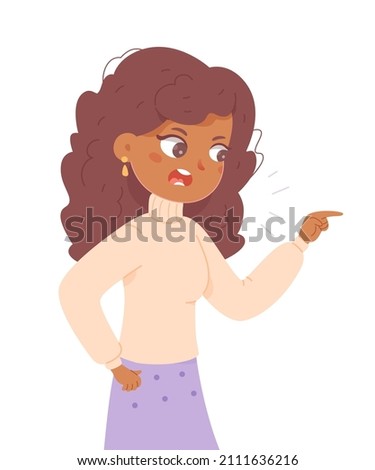 Angry woman scolding vector illustration. Cartoon young female character pointing finger, lady warning in quarrel, portrait of upset person with negative expression and anger isolated on white