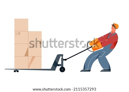 Warehouse worker pulling cart with high stack of boxes vector illustration. Cartoon loader pushing trolley with effort, man moving pushcart, working in logistics and delivery service isolated on white