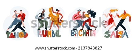 Couple people dancing latin dances to music set vector illustration. Cartoon happy woman and man dancer enjoy salsa, bachata, tango and rumba tropical party in night club or carnival isolated on white