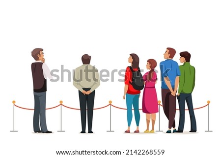 People enjoy exhibits of museum or gallery behind rope fence vector illustration. Cartoon group of visitors characters stand and walk on excursion isolated on white. Exhibition, advertisement concept