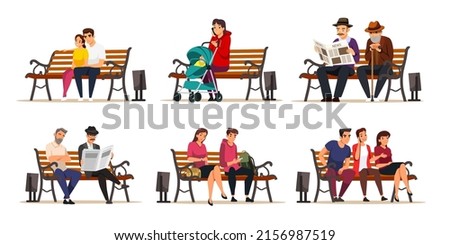 People sit on bench in city park set vector illustration. Cartoon different female male characters sitting on wooden seats, girl waiting, young couple dating, man reading newspaper isolated on white