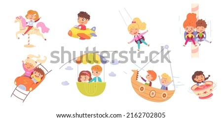 Kids riding in amusement park set. Happy children on carousel, ferris wheel, rollercoaster, ship, swing vector illustration. Boys and girls having fun in summer carnival or fair