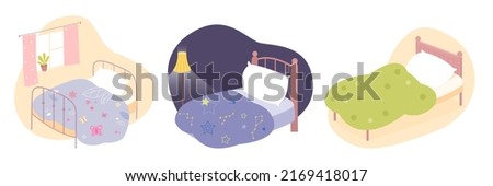 Empty cute bed set during day and night vector illustration. Cartoon collection of furniture for kids home bedroom, blue and green bedclothes with patterns for boys and girls isolated on white