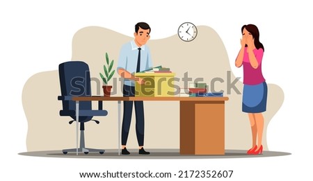 Sad fired male employee leaving office workplace vector illustration. Cartoon isolated dismissal scene with crying female employee and man standing at table with box of things. Job loss concept