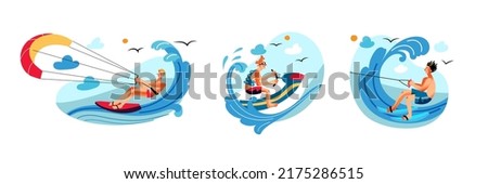 Water sport set, extreme activity on sea beach vector illustration. Cartoon isolated summer challenge and leisure scenes with man wakesurfing, surfing with parachute, riding jet ski and water skiing