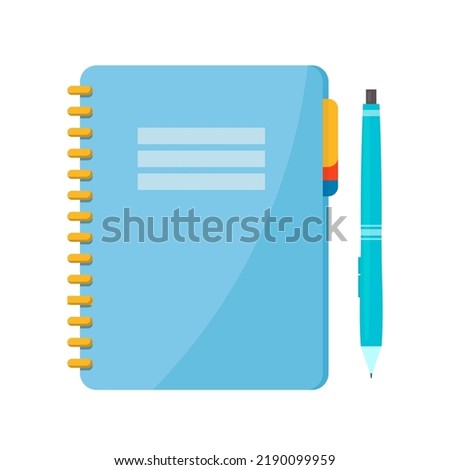 Notebook and pen for notes vector illustration. Cartoon isolated closed diary journal from office or school stationary, paper notepad organizer and workbook with spiral binders and blue cover