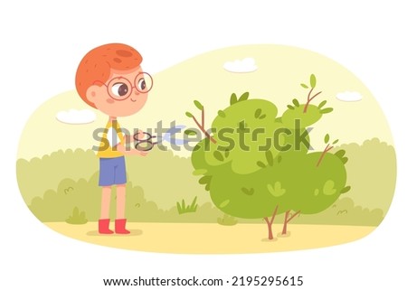 Cute child cutting garden bush with scissors vector illustration. Cartoon happy boy gardening and pruning shrub with shears to cultivate, grow and care plants, work of young male gardener outdoors