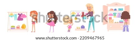 Girls choose clothes set vector illustration. Cartoon isolated scenes from shopping mall or home wardrobe room with confused kid, woman choosing dress on hangers, difficult choice of female characters