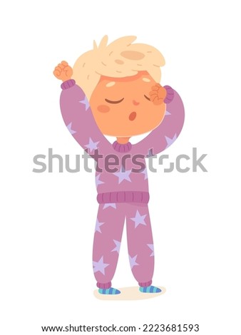 Cute sleepy boy in pajamas yawning vector illustration. Cartoon isolated little kid waking up in morning after sleeping in bed at night, funny child in home clothes with stars stretching in bedroom