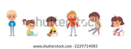 Kids dressing up set vector illustration. Cartoon isolated confident girls and boys put up clothes by himself, adorable independent children sitting and standing, undressing and dressing pants, dress
