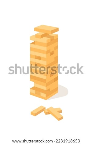 Wood block tower game vector illustration. Cartoon isolated wooden bricks build and create puzzle construction with fall risk of cubes, tower structure of logic game with danger of falling