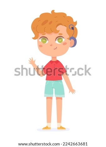 Boy with hearing aid vector illustration. Cartoon isolated cute disabled child with cochlear device on ear standing and waving, deaf kid using medical equipment for deafness care to hear sounds