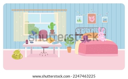 Cute bedroom of girl vector illustration. Cartoon pink and blue interior of room with girly home furniture, decors and window after cleaning, orderliness on clean floor, tidy desk and bed of student
