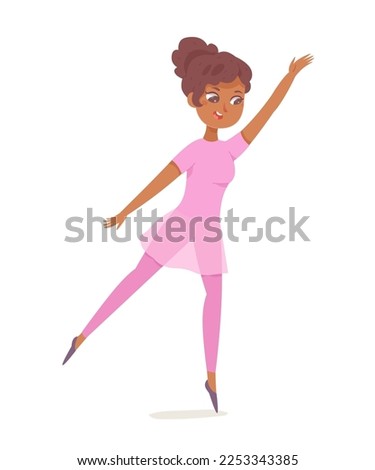 Ballerina dancing vector illustration. Cartoon young woman in costume of princess performing classic ballet dance to music, female dancer in pink dress and shoes showing figure of performance