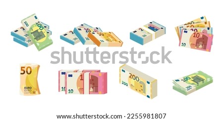 Euro paper cash money set vector illustration. Cartoon isolated European currency collection with isometric rolls and bundles, fan of banknote and piles of Euro bills in wad with banking tape