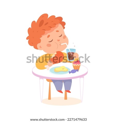 Boy eating in fast food cafe vector illustration. Cartoon isolated hungry kid sitting at table of fastfood restaurant or cafeteria, guy holding crispy chicken leg to bite and eat, unhealthy lifestyle