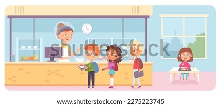 School canteen with kids vector illustration. Cartoon hungry girls and boys standing in queue with trays to take lunch food, school student eating at table of cafeteria during break between lessons