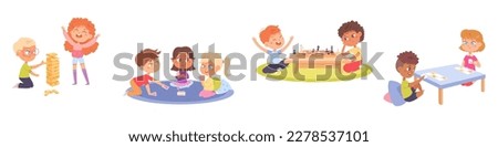 Kids play fun board games set vector illustration. Cartoon isolated group of happy children playing chess and cards at table or on floor, boy and girl building wood block tower of together.