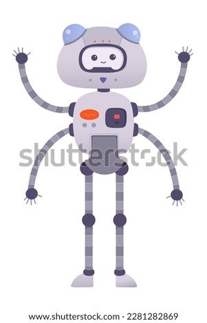 Cute toy robot with many robotic arms vector illustration. Cartoon isolated happy machine character standing with eyes and smile on friendly funny face, robot for help and industry automation