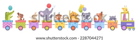 Cute train with animals vector illustration. Cartoon isolated funny happy animals ride toy railway locomotive and rainbow carriages with patterns, number signs, little characters learning counting.