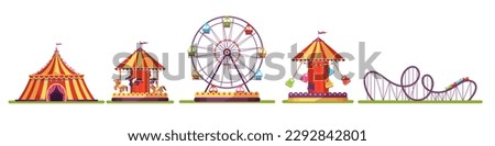 Amusement park set vector illustration. Cartoon cute ferris wheel and fair circus tent, merry go round carousel and roundabout with horses, isolated carnival attractions collection for fairground