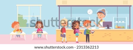 School canteen with kids vector illustration. Cartoon hungry girls and boys standing in queue with trays to take lunch food, school students eating at table of cafeteria during break between lessons.