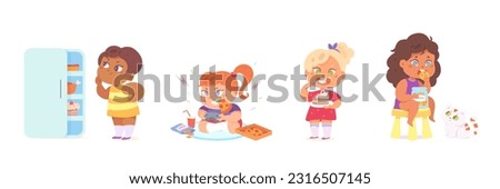 Unhealthy fat and carbohydrate eating of overweight kids set vector illustration. Cartoon isolated children eat pizza, cookies and cake, obesity disease and nutrition problem of young characters