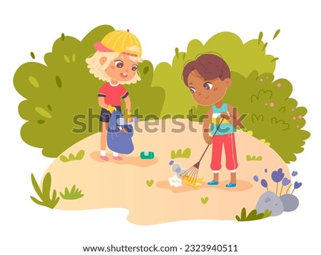 Kids clean up trash in park vector illustration. Cartoon isolated city area scene with cleanup of volunteers, ecologists collect recycle garbage and rubbish together to reduce plastic pollution