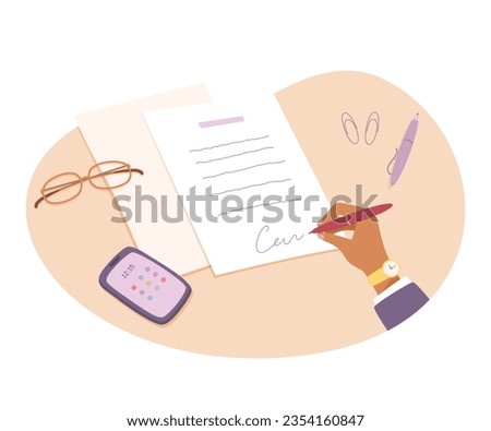 Signature of businessman on paper document, form or agreement vector illustration. Cartoon isolated hand holding pen to sign legal contract on meeting, top view of corporate paperwork on table