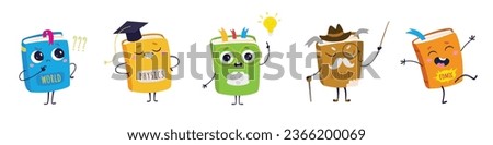 Cute smiling books cartoon characters with light bulb, academy hat, pointer stick. Education concept with kawaii book with different emotions and in action vector elements isolated on white background