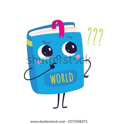 Cute baby book cartoon character with bookmark and questions. Education concept with blue kawaii book vector element isolated on white background