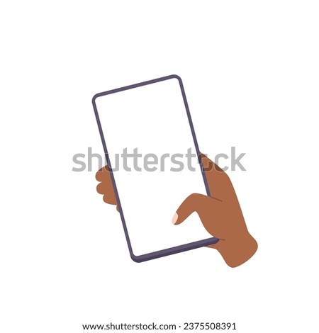 Hand hold vertically mobile phone with blank screen. Right dark-skinned arm is touching smartphone display with thumb finger. Phone mockup. Flat cartoon vector illustration.