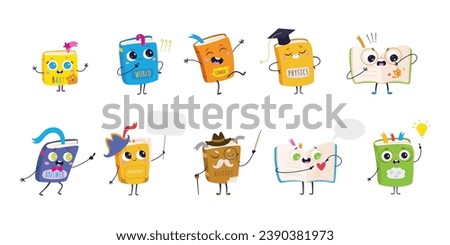 Cute smiling books cartoon characters with light bulb, academy hat, pointer stick. Education concept with kawaii book with different emotions and in action vector elements isolated on white background