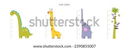 Kids height ruler in inches for growth measure. Cute animals set vector illustration for kindergarten or home. Wall sticker with cheerful giraffe, dinosaur, elephant and pandas.