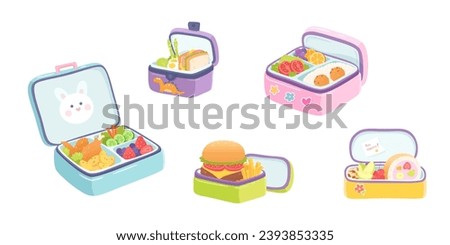 School lunch box vector illustration set. Lunchboxes with different meals for kids. Breakfast, lunch, dinner trays. Fast food, vegetables, sandwiches. Bento. Homemade nutrition. Healthy food concept.