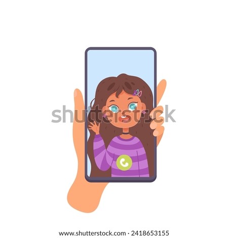 Hand hold vertically mobile phone with video call screen. Women left arm is touching smartphone display. Phone mockup. Flat cartoon vector illustration isolated on white background.