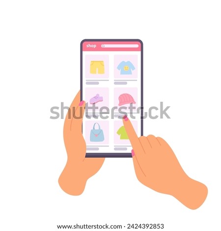 Hands hold vertically mobile phone with shopping screen. People arms are touching smartphone display with right thumb index finger. Phone mockup. Flat cartoon vector illustration.