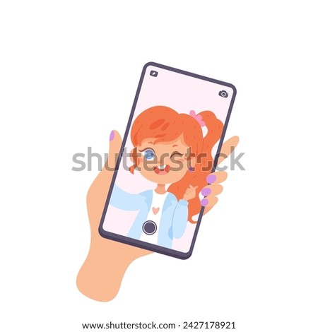 Hand hold vertically mobile phone with video call screen. Women left arm with manicure is touching smartphone display. Phone mockup. Flat cartoon vector illustration isolated on white background.