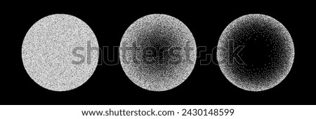 Circles with grain noise texture set vector illustration. Abstract spheres with gradient stipple pattern, globes with gradation to fade of monochrome grainy dots or noise dust on black background.