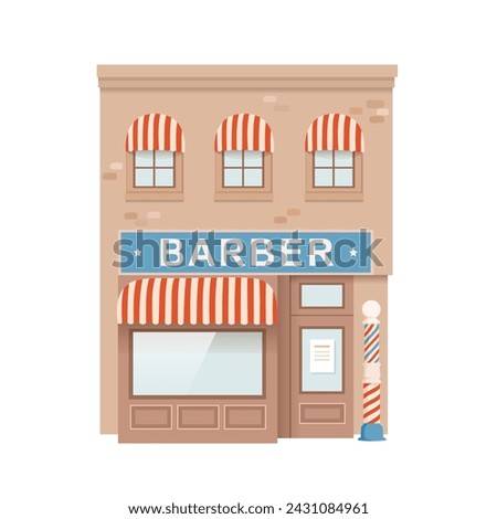 Barber shop building facade. Hair beauty salon store front view cartoon vector illustration isolated on white background. Local downtown market for haircuts. Small business concept.