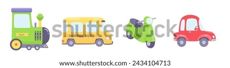 Cute cartoon kids ground transport set vector illustration. Urban ground transport isolated on white background. Car, scooter, train, school bus. Colorful city transportation infrastructure.