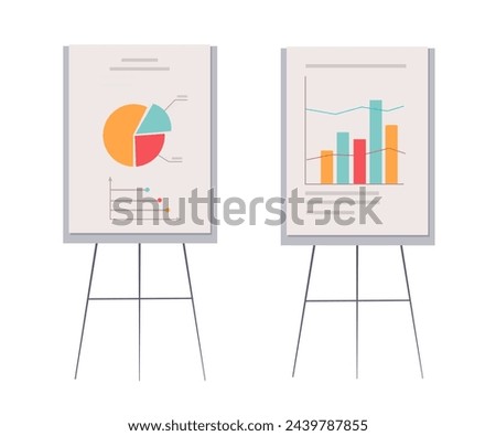 Stand flip chart for presentation cartoon vector illustration. Board with diagrams, statistics and data isolated on white background. Business presentation tool. Lecture, seminar, office design.