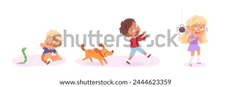 Kids fears vector illustration set. Children afraid. Scared and crying boys and girls. Childish phobias. Frightened cartoon characters. Children therapy. Kid psychologic support,