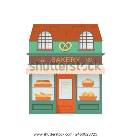 Bakery shop facade front view cartoon vector illustration. Storefront of pastry store on street. Bakeshop exterior with bread, buns, freshly baked pastry. Small business in city. Urban infrastructure.