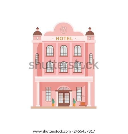 Hotel building vector illustration. Modern five star hotel facade. Front view of entrance in hostel or apartments. Public urban infrastructure infographics.