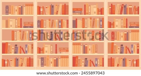 Library bookcases background. Interior of bookshop with bookshelves. Reading room in school, university, college. Colorful retro vintage cartoon vector illustration.